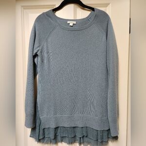 Garnet Hill Cashmere Green Shirttail Sweater with Lace Hem, Size Small